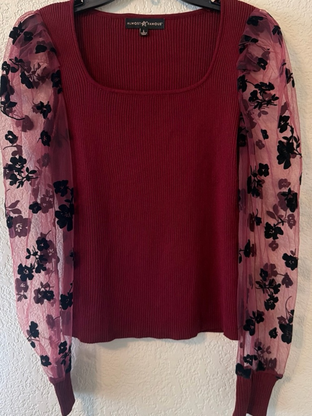 Almost Famous Wine Ribbed Top with Black Floral Sheer Sleeves